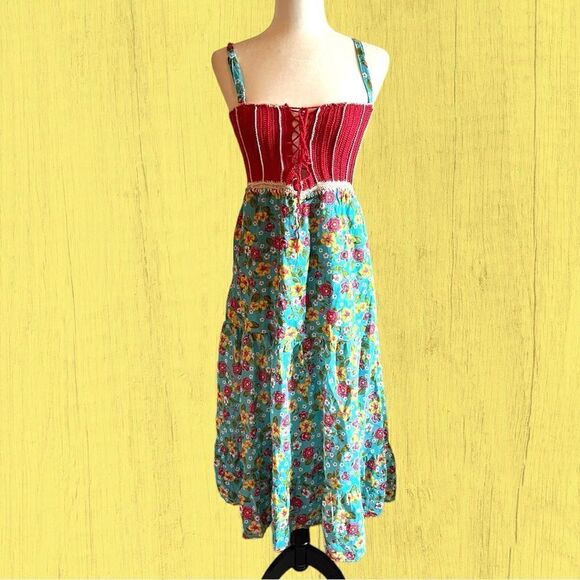 Vintage Dresses & Skirts - 70s vintage crochet lace up dress floral tiered skirt